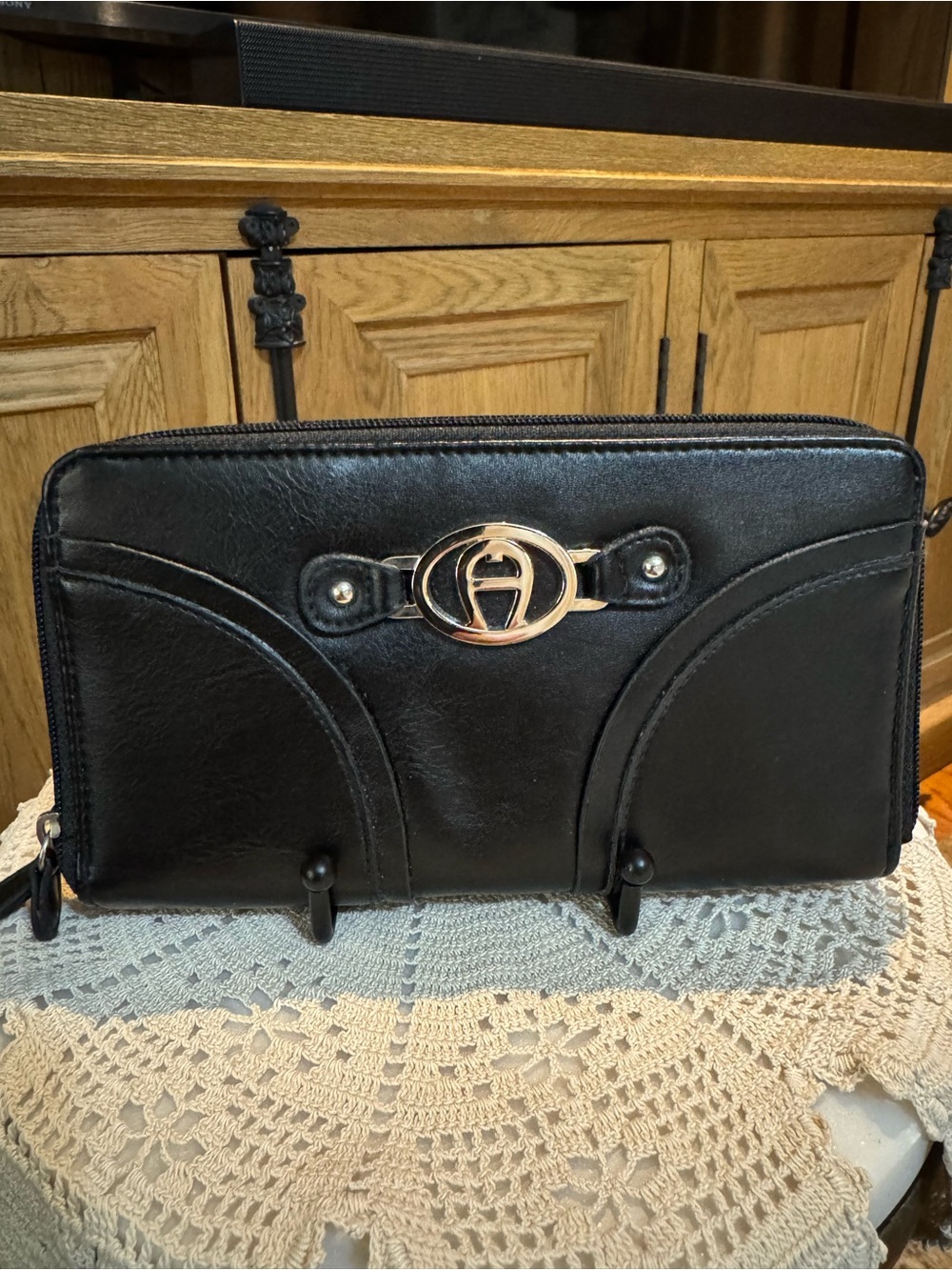 Etienne Aigner Black Zip-Around Wallet with silver Logo Accent